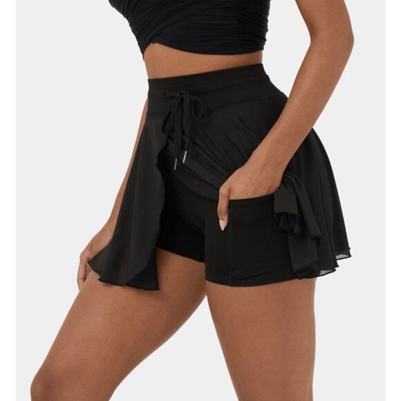 Halara Drawstring Contrast Mesh 2-in-1 Skirt Sz Medium Womens Black Flowy Dance - Picture 2 of 12